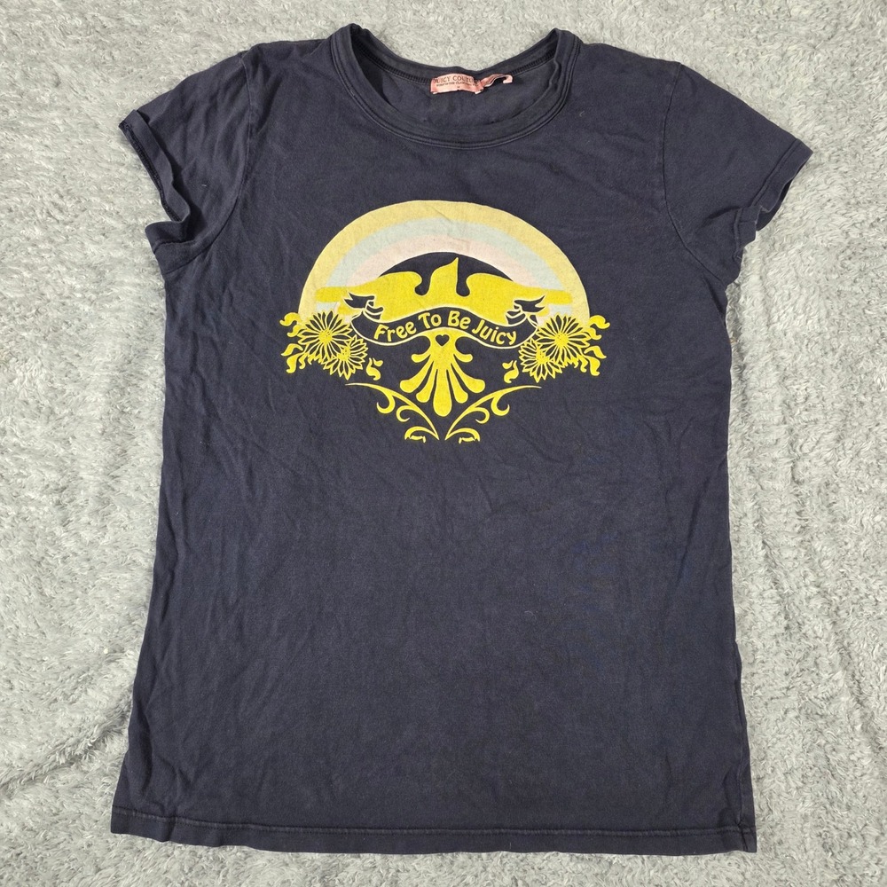 Juicy Couture Graphic Tee Womens Medium Navy Free To Be Juicy Vintage Y2K Cotton